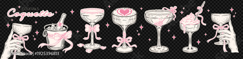 Cocktail coquette martini for glass bow wedding and champagne wine sketch. Whimsical pink vintage for drawn bucket cocktail and drinks love hand. Cocktail drink bubbles for glass ice coquette.