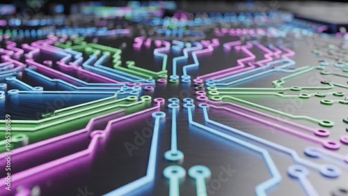 Close-up of glowing neon circuit board with colorful wires in a futuristic electronic device background, possibly for tech or innovation presentation