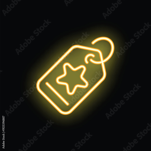 Bright yellow neon sign representing a price tag with a star, suggesting special offers and discounts
