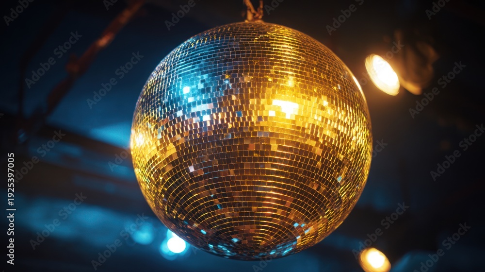 Fototapeta premium A golden disco ball hanging from a ceiling with blue and yellow lights.
