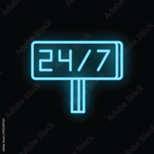 Blue neon sign is glowing on a wall in the dark, showing 24 hours a day and 7 days a week service availability