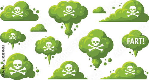 Toxic Gas Cloud Vector Set with Poison Smoke and Skull Warning Isolated Cartoon Hazard Collection