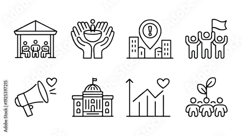 set of line icons for business and social concepts  people and buildings and growth