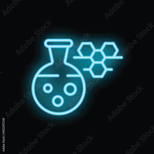Blue neon icon of an erlenmeyer flask with chemical bubbles and a hexagonal structure, symbolizing scientific experiments