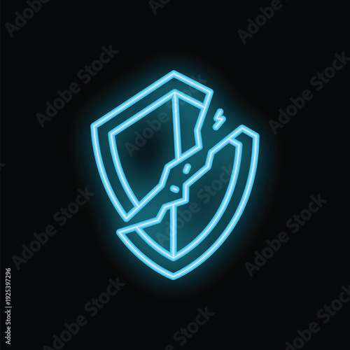 Glowing neon blue shield breaking apart, representing compromised security and vulnerability