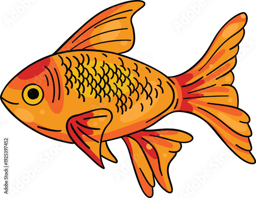 Vector illustration of a goldfish in a hand-drawn line art style, cute fish clipart