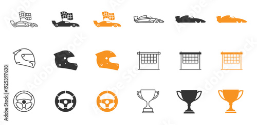 Motorsport Racing Icons.Car, Helmet, Trophy, and Steering Wheel.Outline, Silhouette, and Color Styles.