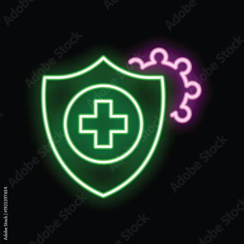 Glowing neon medical shield protecting from virus bacteria infection on a black background