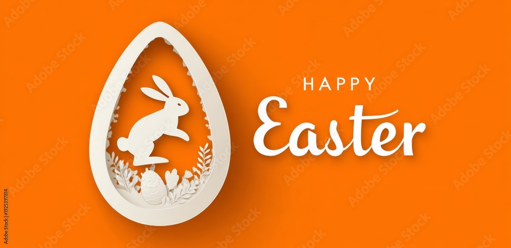 Fototapeta premium Easter Egg with Rabbit Silhouette Carving in White on Bright Orange Background