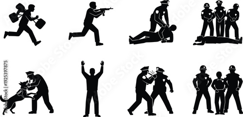 Police officer action silhouettes set with arrest pursuit patrol dog and law enforcement scenes