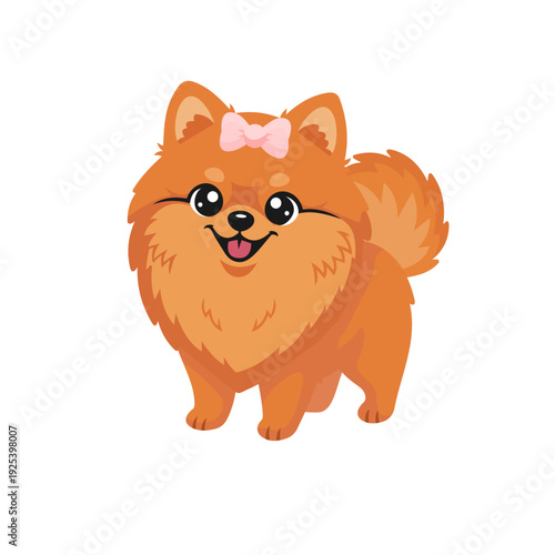 Cute Pomeranian Dog Cartoon Illustration with Blue Bow Isolated on white Background