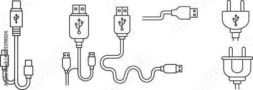 A collection of various electronic cables and plugs on a white background