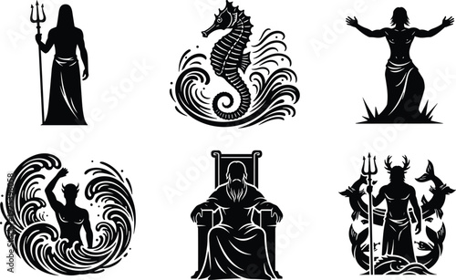 Poseidon and sea mythology silhouettes set with trident seahorse waves and ocean god illustration
