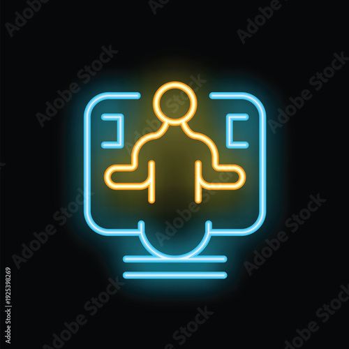 Neon icon of a person standing inside a computer screen, symbolizing virtual reality, digital presence, or online identity
