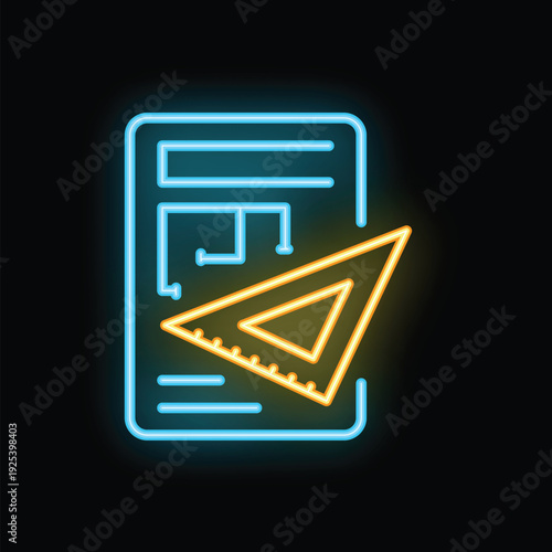 Glowing neon line icon of a house plan and a triangle ruler, illustrating architectural drafting on a black background