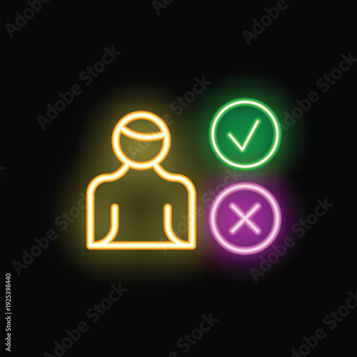 Neon icon representing the concept of decision making, featuring a stylized person with checkmark and cross symbols
