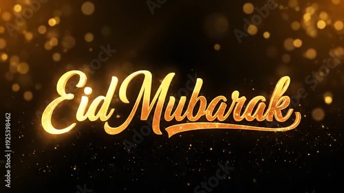 Golden Eid Mubarak greeting on black background with bokeh lights