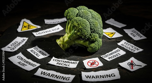 Fresh broccoli with food safety warning labels and recall alerts