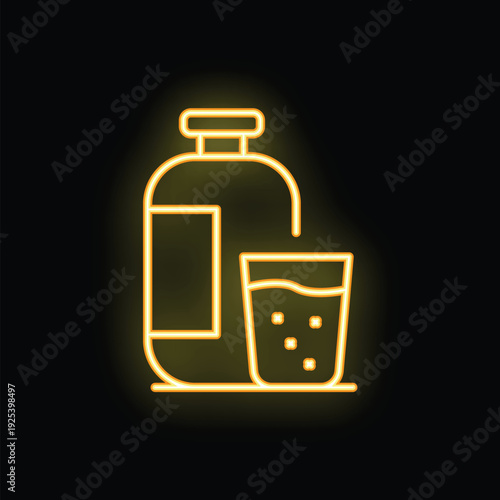 Yellow neon sign depicting a bottle pouring effervescent tablets into a glass of water, set against a black background