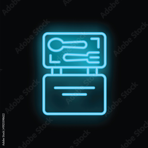 Blue neon icon of an open lunchbox with cutlery inside on a black background