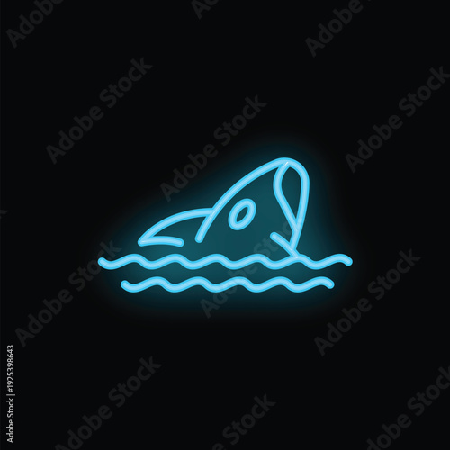 Blue neon sign of a shark fin surfacing from water waves on a black background