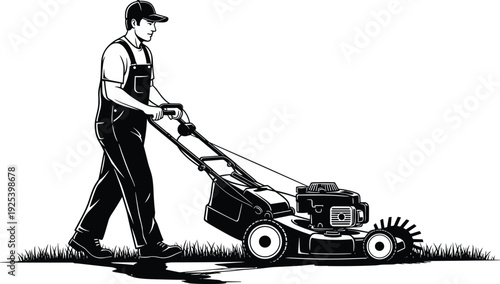 Professional Gardener Pushing Lawn Mower Grass Cutting Landscaping Service Vector Illustration Isolated