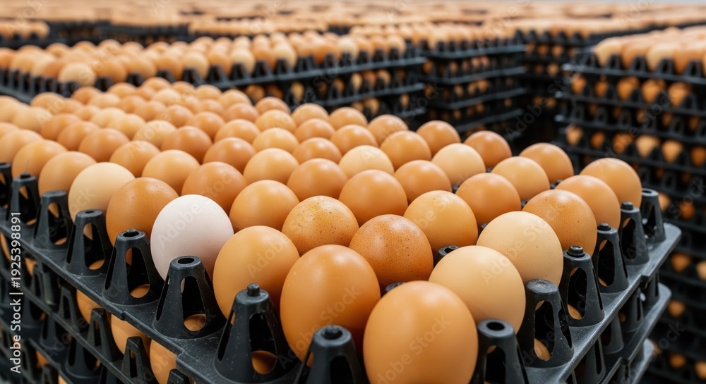 Obraz premium Stacks of fresh brown eggs in trays with one unique white egg
