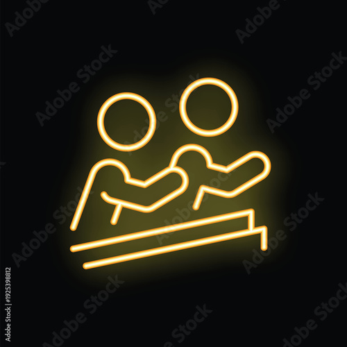 Yellow neon icon of two politicians shaking hands in agreement behind a podium on a black background
