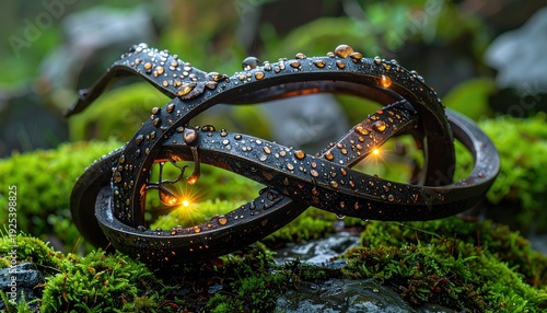 Hand-forged iron sculpture of intertwined vines with luminous dewdrops, captured in a cool, professional