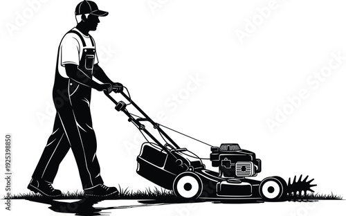 Professional Lawn Care Worker Pushing Gas Powered Mower Landscaping Silhouette Vector Illustration