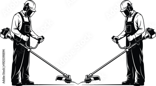 Professional Landscaper Using Gas Powered Brush Cutter Trimmer Symmetrical Silhouette Vector Illustration Isolated on White