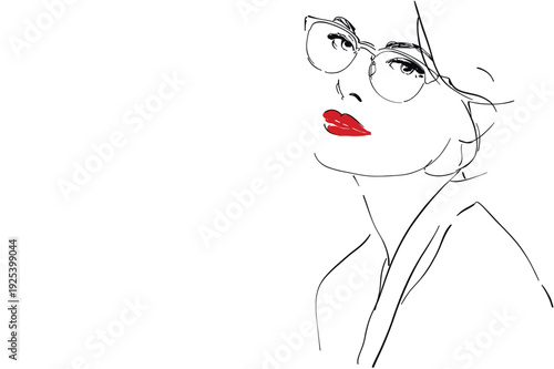 Minimal fashion line art portrait of stylish woman with glasses and bold red lips. Perfect for beauty branding, fashion blogs and modern packaging design