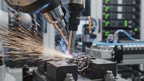 Industrial robotic arm welding metal in factory with sparks flying and machinery in background for industrial automation