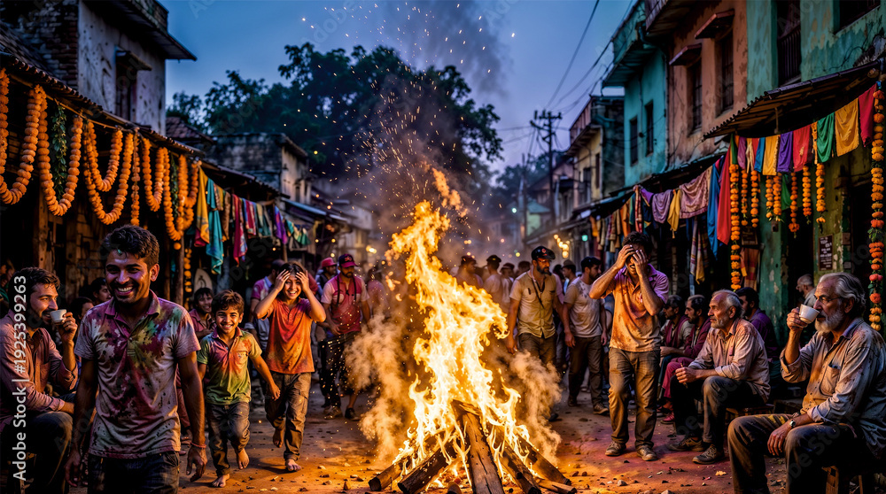 Fototapeta premium Traditional Holika Dahan Bonfire Before Holi Festival in Indian Village