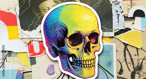 Vibrant skull sticker on colorful collage background