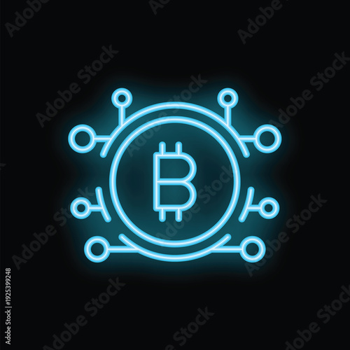 Glowing blue neon bitcoin sign is connecting to nodes on a black background