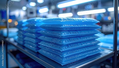 FlyPro Firefly Blue Sterile Absorbent Pads Stacked Neatly on a Medical Supply Cart, Photorealistic DSLR Style