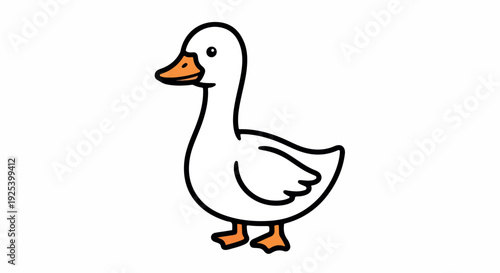 A simple cartoon drawing of a white duck with orange beak and feet on a plain white background.