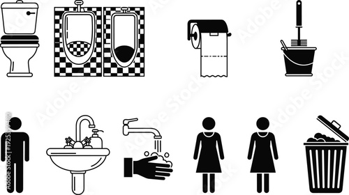 Public restroom and bathroom icon set with toilet urinal sink faucet hygiene and trash symbols