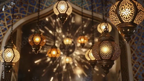 Moroccan lanterns hang in archway with colorful tiles and lights reflecting