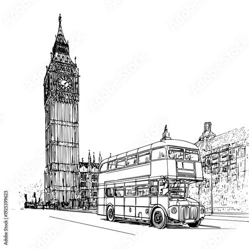 Illustration of a double decker bus in london with big ben in the background in black and white style