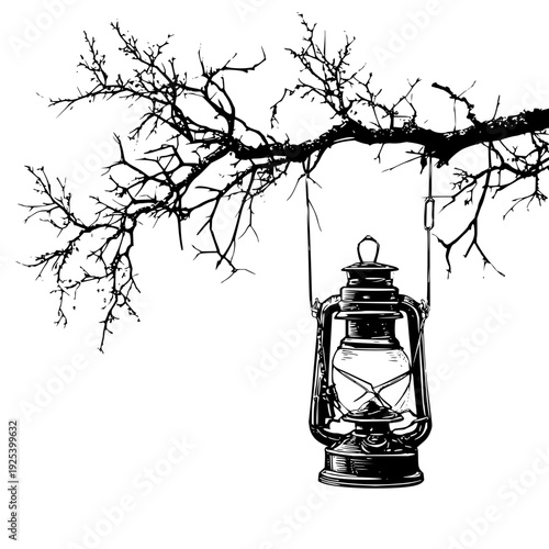 Illustration of a vintage lantern hanging from a bare tree branch in black and white drawing style