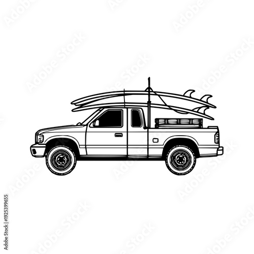 Line art of a pickup truck carrying surfboards on its roof rack ready for a day at the beach surfing