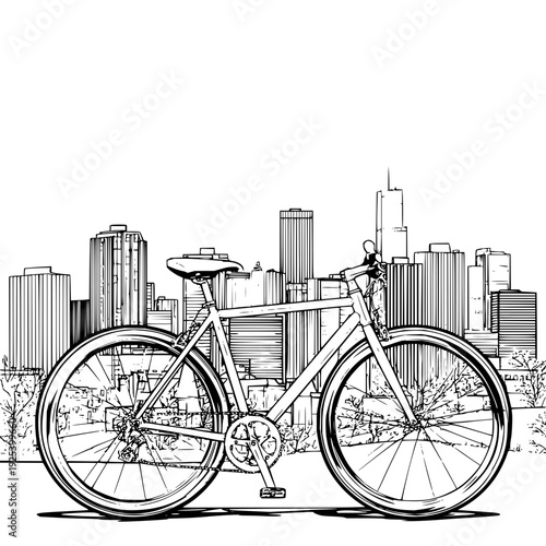 A bicycle is parked in front of a city skyline with tall buildings in a black and white illustration style