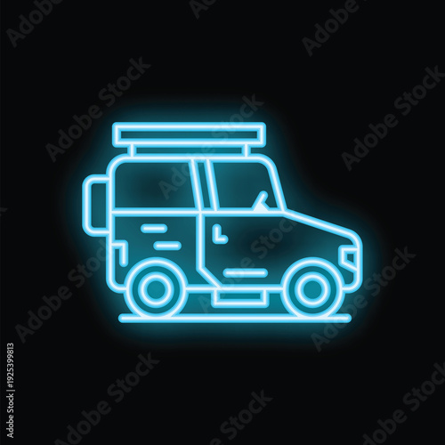 Glowing blue neon icon of an off road vehicle with roof rack, symbolizing adventure and travel