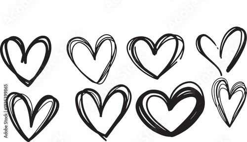 Black hand drawn heart icons, rough textured sketch variations, bold outlines, scribbled shading, creative abstract love symbols, artistic graphic design accents.