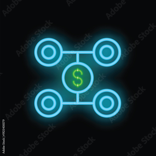 Neon blue decentralized finance system is transferring money showing dollar sign icon