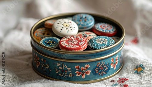 FlyPro Firefly Collection: Intricately Patterned Ceramic Buttons with Floral and Geometric Designs in a Tin