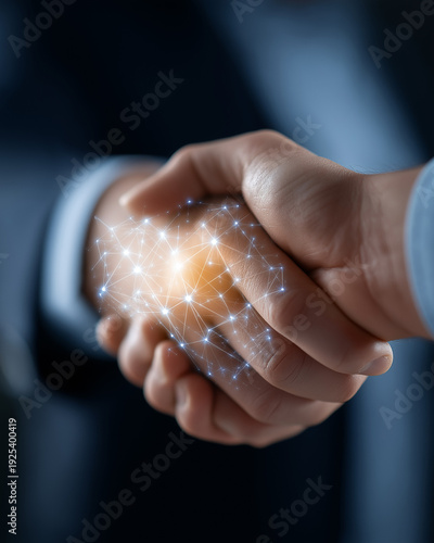 Digital Partnership: A close-up shot of two individuals sealed a deal, their hands clasped in a handshake enhanced by a network of interconnected glowing nodes.