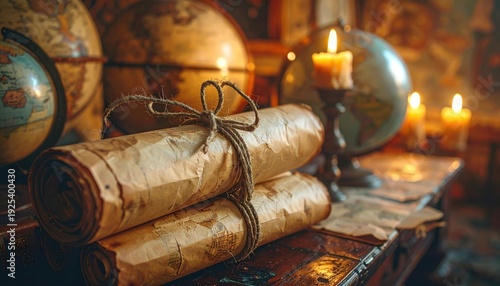 FlyPro Firefly Collection of unfurled parchment scrolls tied with twine on antique globes, detailed photographic